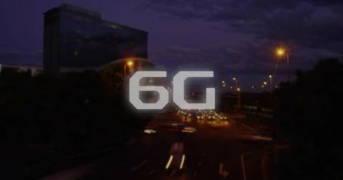 Floating 6G digital text graphic hovering over urban highway at night, with Stock Photos