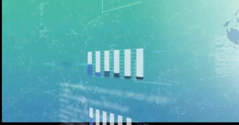 Floating 7-bar chart hovering above mirror plane in data hub, showing partial イラスト素材