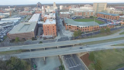 Floating Aerial of ATC, Durham, NC Stock Footage 128406873