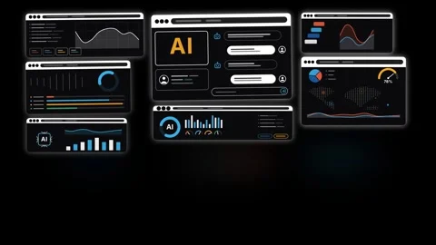 Floating AI Dashboard Windows Data Analytics UI Seamless Loop Black Background Stock Footage 344239410