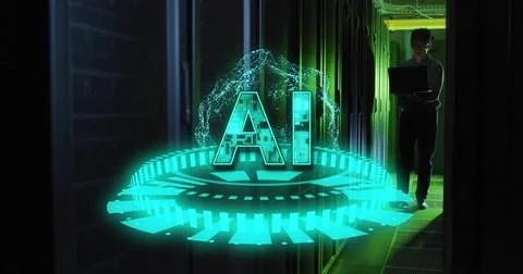 Floating AI hologram bathing server racks in cyan light, tech in dark work Stock Photos