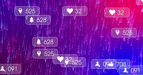 Floating alert bubbles showing pin heart bell user icons, counters on magenta Stock Photos
