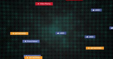Floating alerts hovering over teal ringed UI, showing LIKED GET NOTIFIED Friend Stock Photos