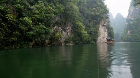 Floating Along River With Scenic Views Zhangjiajie Mountains Covered Rainforest Stock Footage 108728064