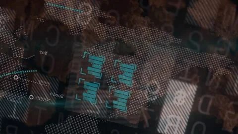 Floating alphanumeric layer initiating dotted world map building and bar modules Stock Footage 327583960