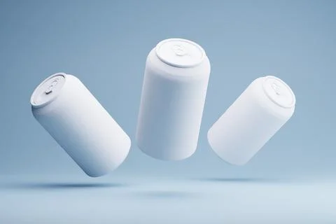 Floating aluminum cans, mockup, studio, light blue background, packaging desi Illustrazione stock