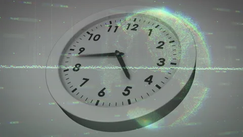 Floating analog clock glowing with glitch artifacts in neutral grey 3D render, Stock Footage 309034258