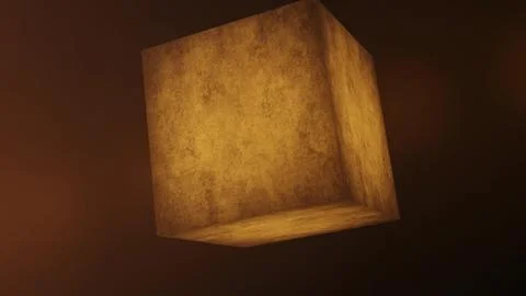 Floating ancient brown stone cube in dark space Stock Illustration