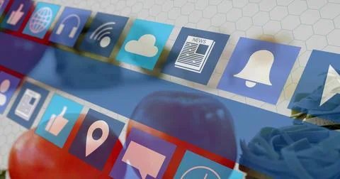 Floating app icon tiles crossing white hex tiles, showing red apple and blue Stock Illustration