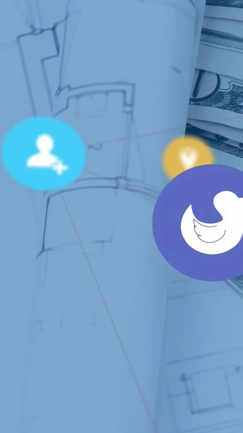 Floating app icons linking to rolled blueprints over US bills on studio Stock-Footage 331168676