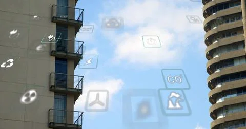 Floating app tiles hovering in city between beige balcony and banded tower, Stock Photos