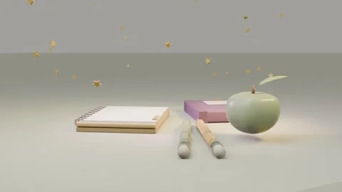 Floating apple rotating above table after gold confetti appearing, with notepad, Stock Footage 339194141