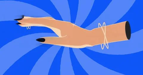 Floating arm and hand over radial blue backdrop, showing metal bracelets and Stock Illustration