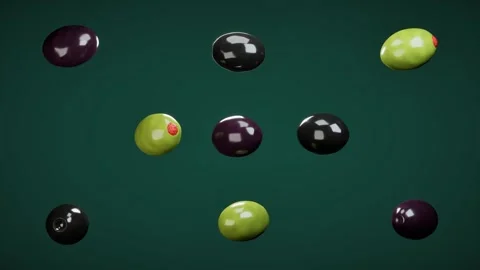 Floating assorted olives on dark green background. 3d rendering Stock Footage 340567012