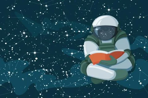 Floating astronaut reading a book in the open space, concept of poster Stock Illustration