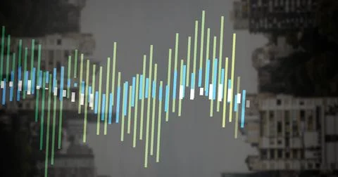Floating audio waveform gliding over blurred high rise residential skyline, Stock Illustration