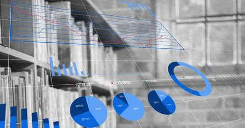 Floating augmented reality blue pie charts and donut over study interior, with Stock Photos