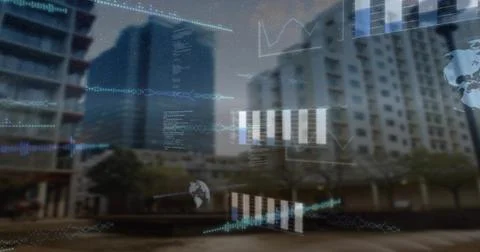 Floating augmented-reality data overlays filling urban plaza, showing bar 写真素材