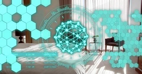 Floating augmented reality network sphere in sunlit bedroom, with rumpled bed Stock Photos