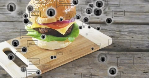 Floating avatars appearing, chat bubbles clustering, camera zooming, burger Stock Footage 331757121