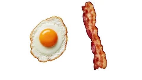 Floating bacon and egg isolated on white Stock Footage 339340855