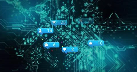 Floating badge cluster glowing on teal circuit, showing user14 heart25 comment6 库存插图