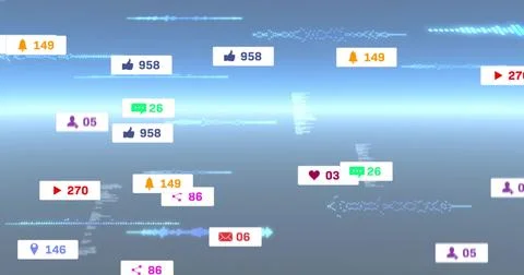 Floating badges and counters drifting across blue-gray field, showing likes, Illustrazione stock