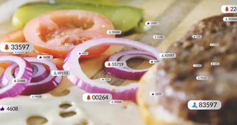 Floating badges appearing above onion rings then drifting toward cheese, patty, Stock Footage 331570987