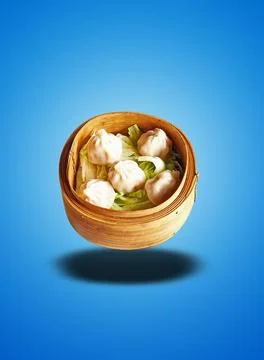 Floating Bamboo basket with five cooked Dim Sum on blue gradient Stock Photos