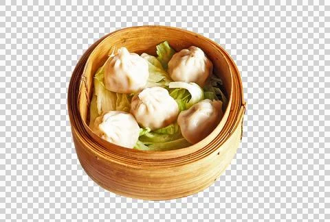 Floating Bamboo basket with five cooked Dim Sum Stock Photos