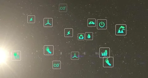 Floating band of rounded-square icons drifting across starry HUD, with neon Stock Photos