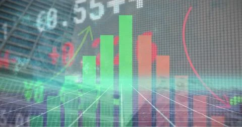 Floating bar chart over grid in atrium, with green red bars, numeric data and Stock Photos