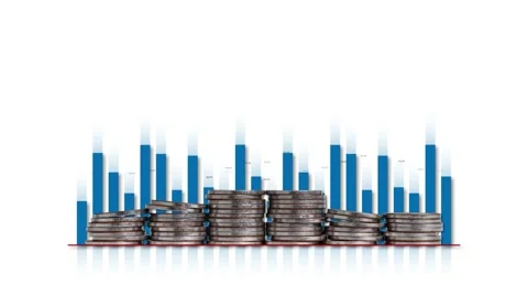 Floating bar graphs and pile of coins. Stock-Footage 232642069