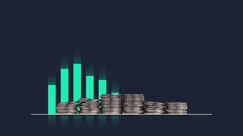 Floating bar graphs and pile of coins. Stock Footage 232642074