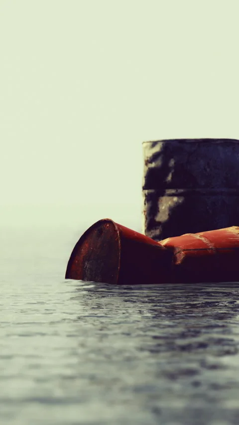 Floating barrels drift peacefully on calm water surface at twilight Stock Footage 309041125