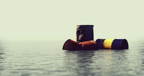 Floating barrels drift peacefully on calm water surface at twilight Stock Footage 314936980