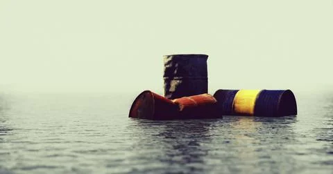 Floating barrels drift peacefully on calm water surface at twilight Stock Illustration