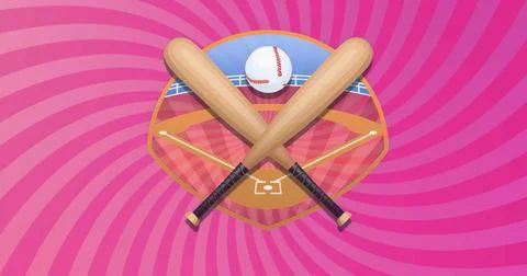 Floating baseball emblem featuring bats and red stitched baseball on diamond Foto stock