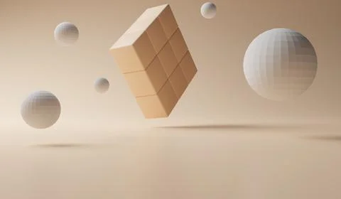 Floating beige cube block with spheres arranged in a minimal studio scene Stock Illustration