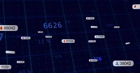 Floating bell, thumbs-up and user icons populating dashboard, with numeric and イラスト素材