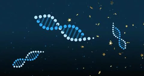 Floating big blue DNA helix moving across navy gradient with nodes rungs Stock Illustration