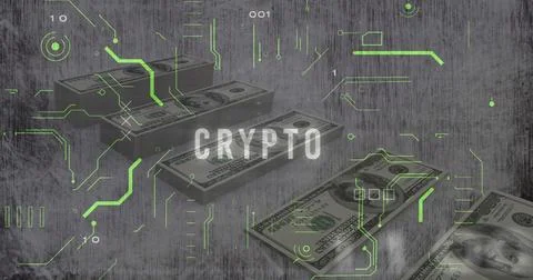 Floating bill stacks hovering above metal surface, neon-green circuit overlays Stock Illustration