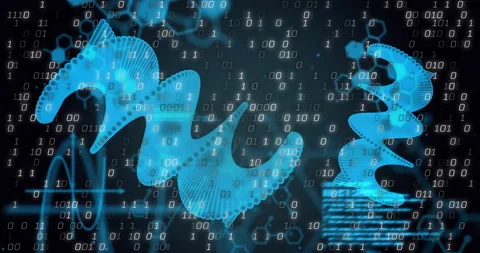 Floating binary bits displaying code behind ribbons undulating rotating pulsing Stock Footage 312639540
