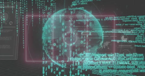 Floating binary code and programming text around digital globe in animation Stock Footage 303555590