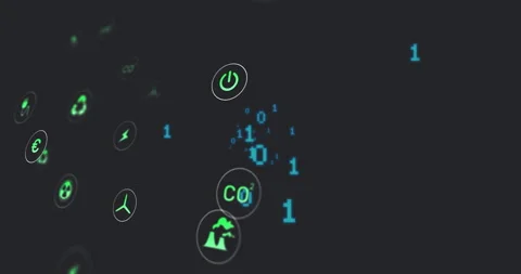 Floating binary code orbiting neon-green energy icons in dark interface, using Stock Footage 307438097