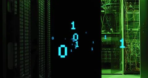 Floating binary code over panel in data center corridor, with racks, switches Stock Photos