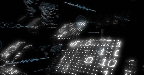 Floating binary code panel in digital void, with code snippets, waveform graphs Stock Illustration