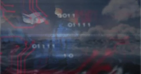 Floating binary digits and red circuit traces in matrix, with glitch scan lines Stock Illustration