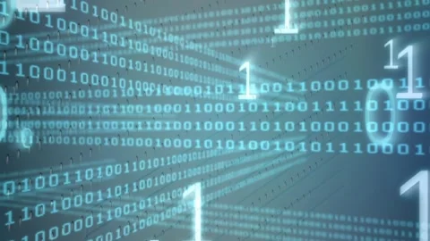 Floating binary digits emerging from depth, enlarging, rotating and drifting to Stock Footage 329812670