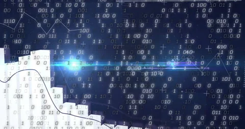 Floating binary digits initiating columns rising into 3D bar chart for dynamic Stock Footage 312905252
